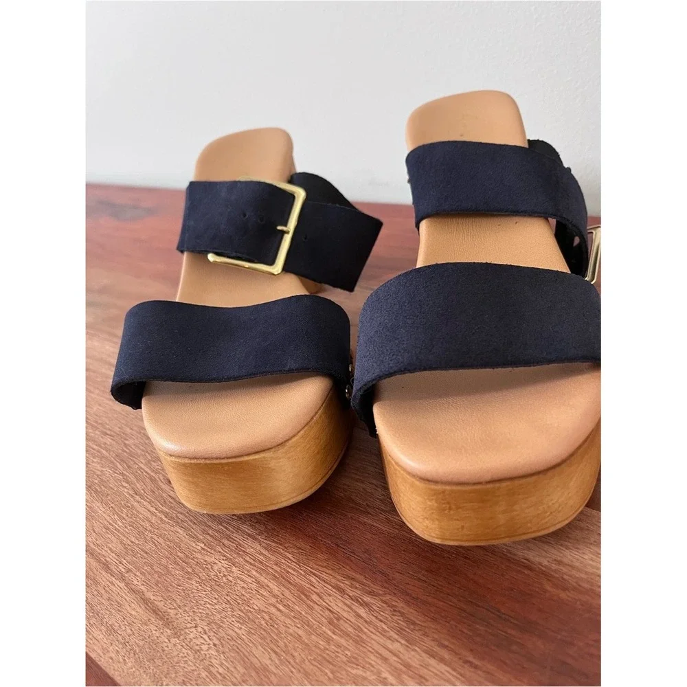 Avellino Italy Navy Blue Suede Wood Platform Block Heel‎ Sandals 39 8 3708